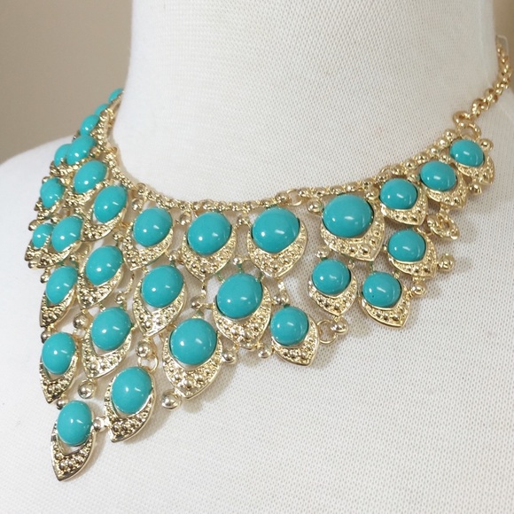 Aqua Blue Chunky Dot Bib Statement Necklace Earrings Set - Picture 2 of 3